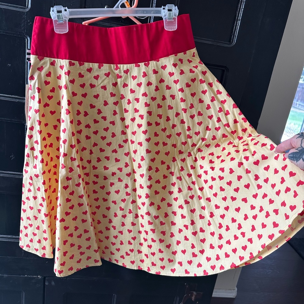 PINUP GIRL CLOTHING Red and Yellow Heart Print Skirt